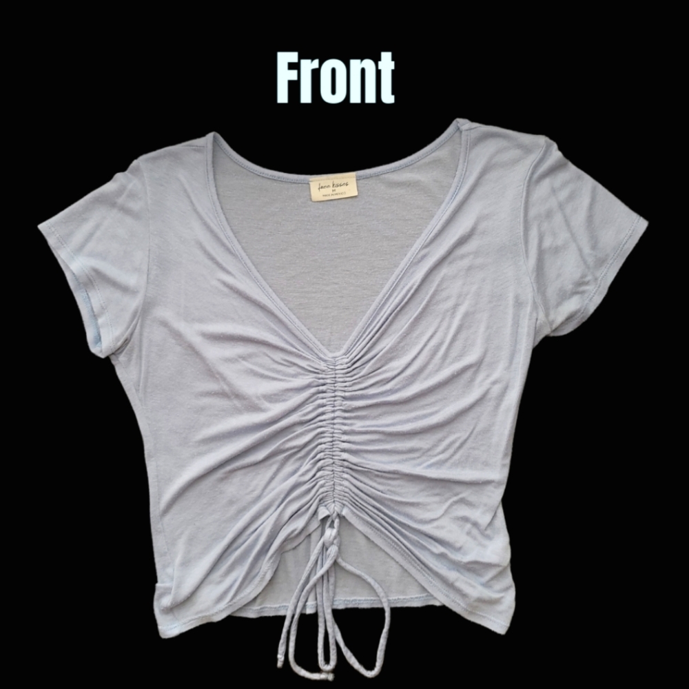 FREE KISSES Ruched Front Baby Blue Tee.
